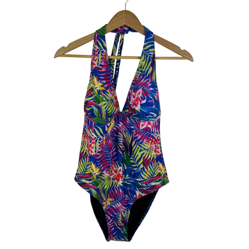 Breeza Tropical Floral One Piece Swimsuit Size 18W Halter Pool Vacation Beachy‎